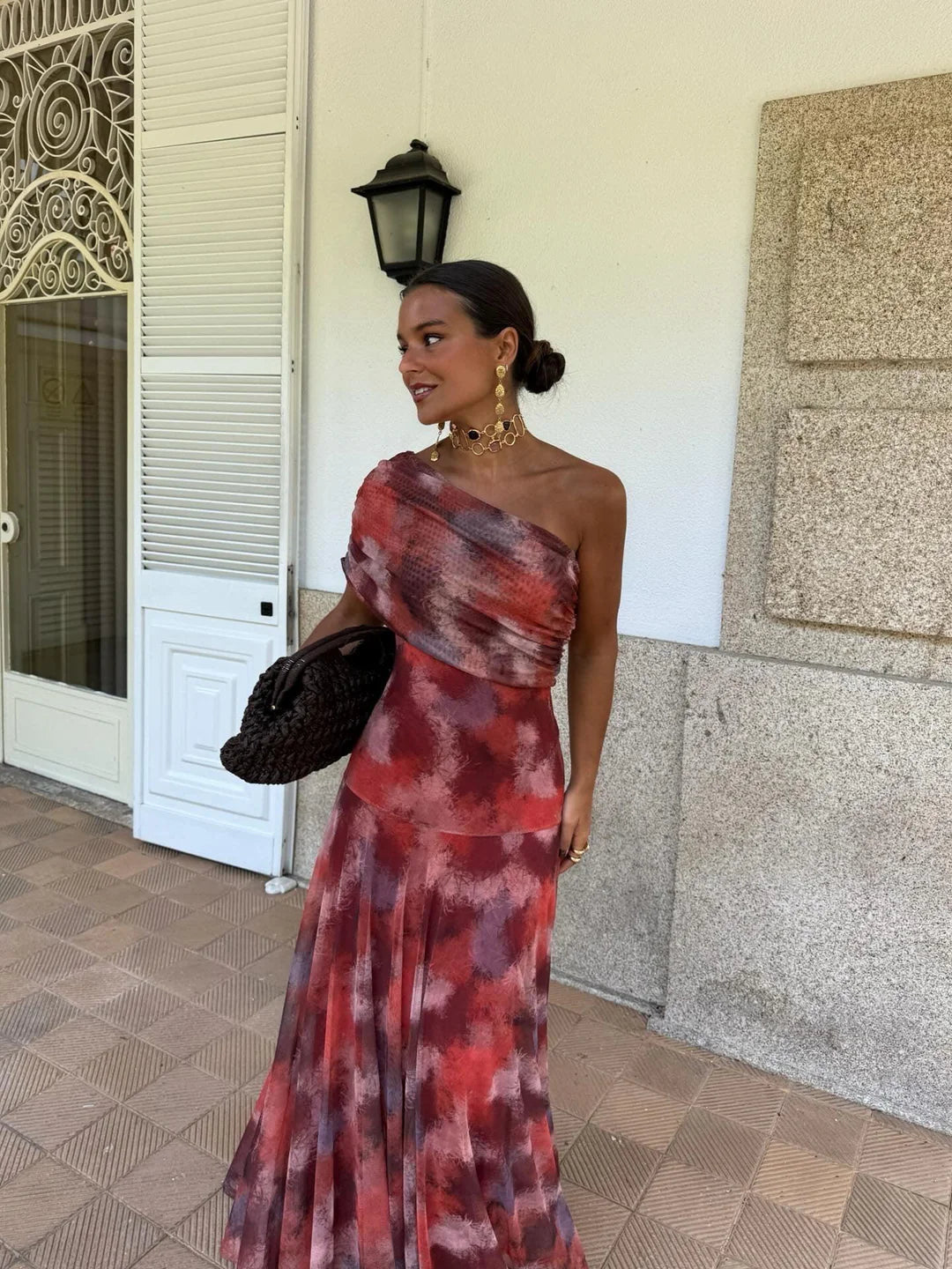 Vestido maxi de malla Toledo con un solo hombro